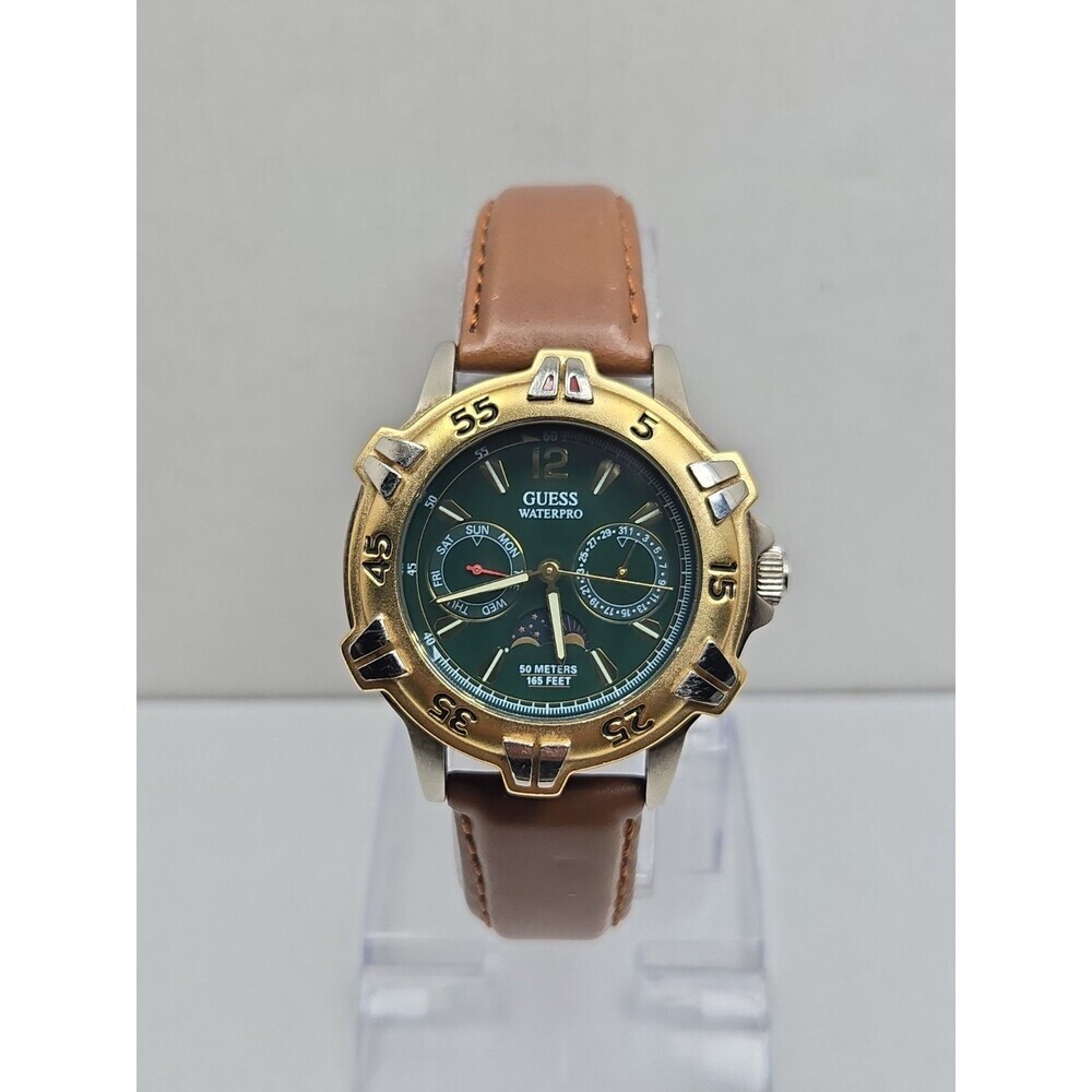 Guess Waterpro Mens Watch 39mm Moonphase Day Date Green Dial Vtg 50m New Battery